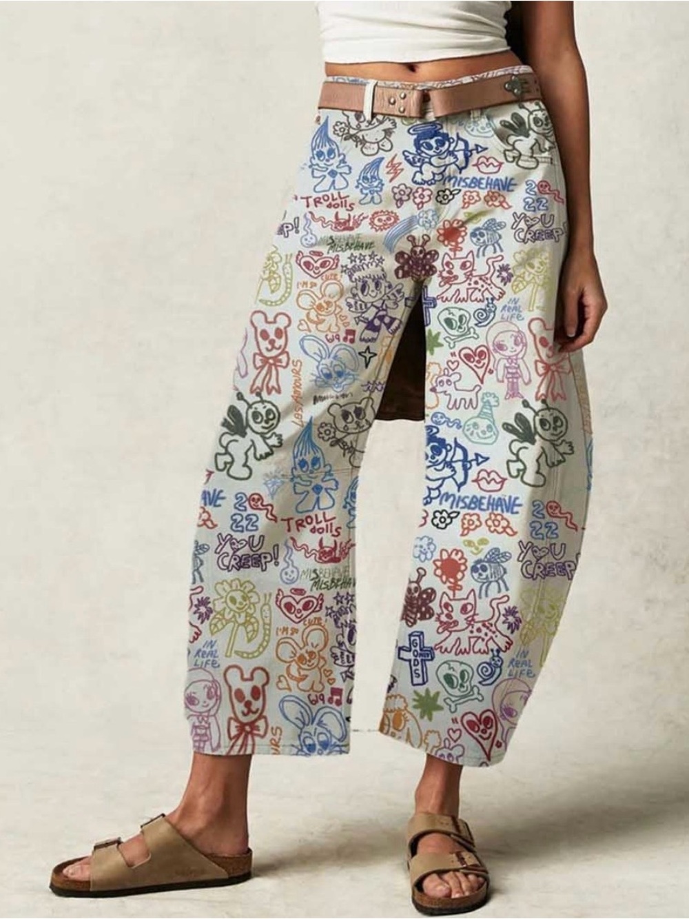 Doodle Barrel Wide Leg Graphic Print Denim Multicolor Jeans NEW WITH TAGS